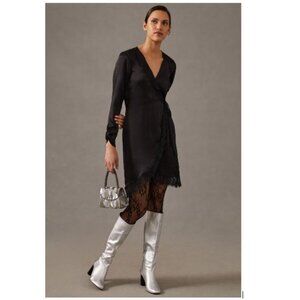 By Anthropologie Lace-Trimmed Wrap Dress in Black with Lace - Size Small - NWT